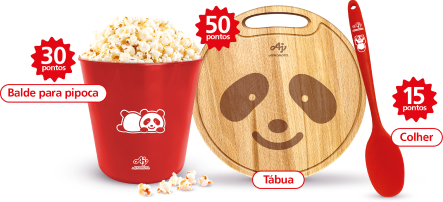 30 Pontos: Balde para pipoca, 50 pontos: Tábua, 15 pontos: colher